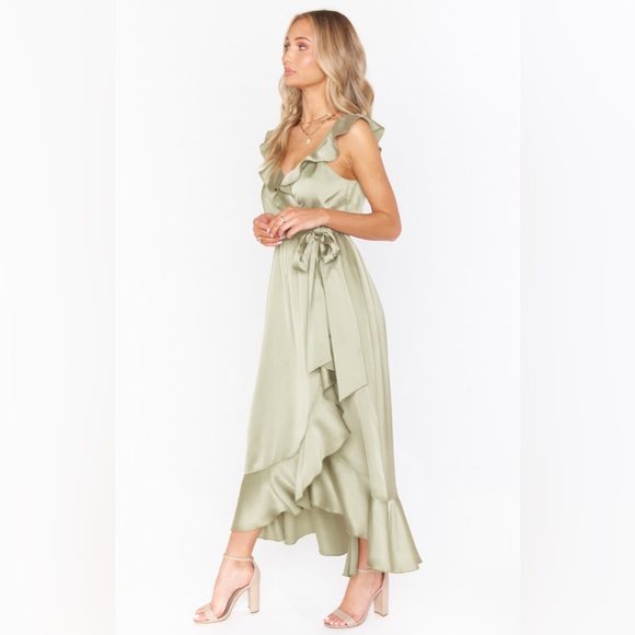 Show Me Your Mumu Samantha Ruffle Wrap Dress Moss Green Luxe Satin Large - Picture 2 of 9